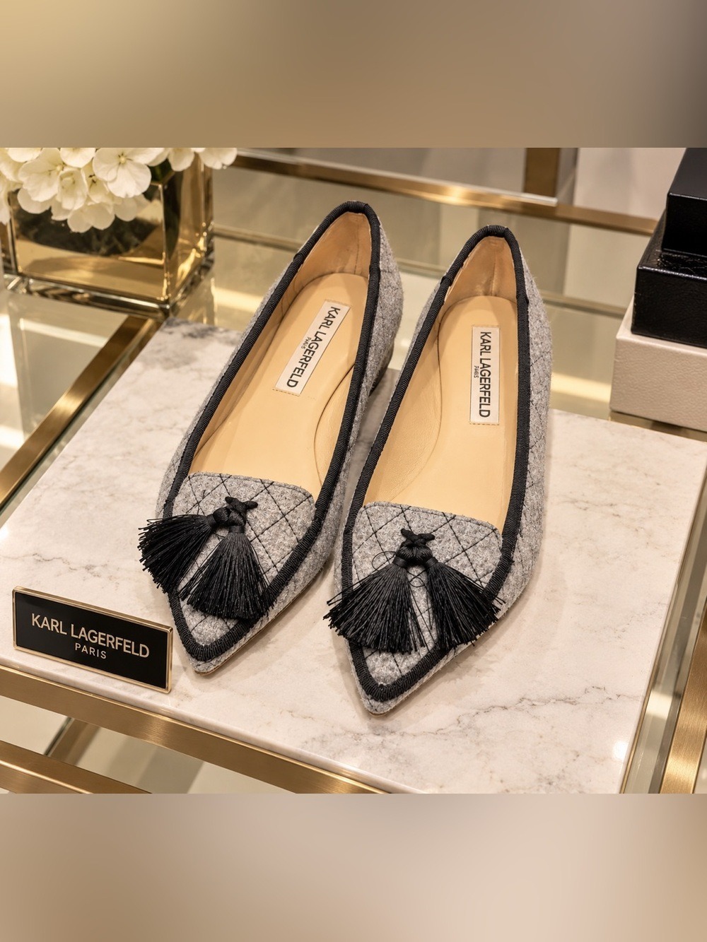 Karl Lagerfeld Gray Quilted Pointed Flats with Black Tassels